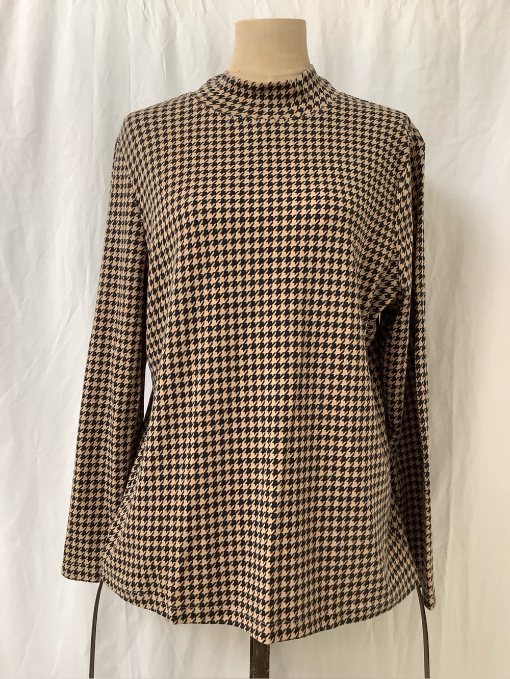 Karen Scott Mock Turtleneck Pullover Top Shirt-Tan Black Houndstooth-XL Regular